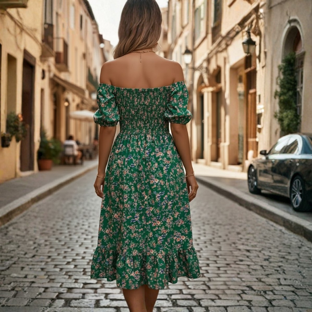 Women Floral Dress Square Neck Short Sleeve High Waist