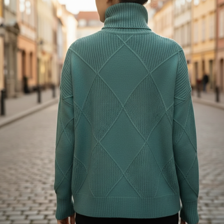 Pull à col roulé en cachemire à losanges, manches longues, tricoté pour femmes