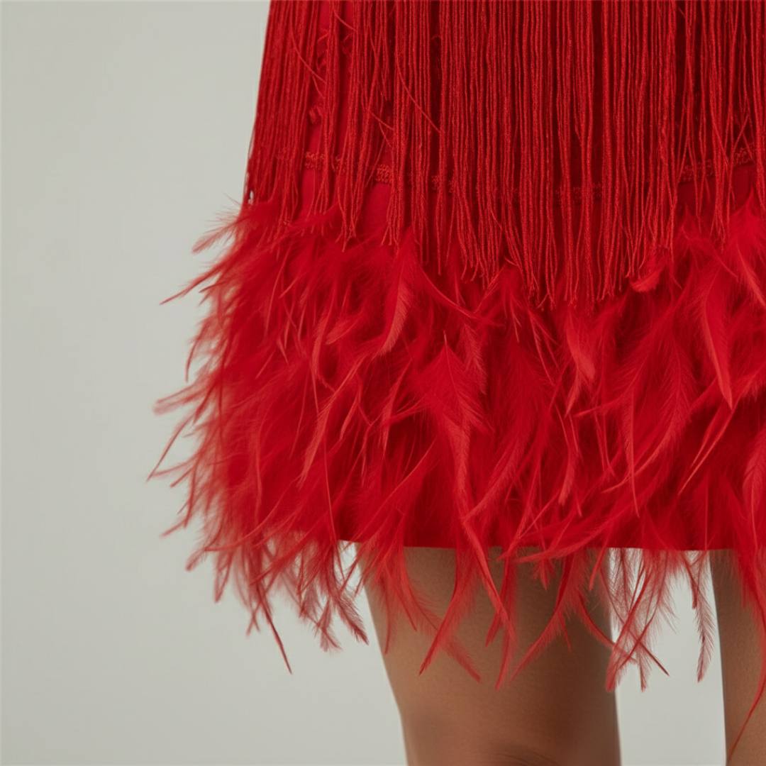 Vestido de cóctel con flecos, plumas, lentejuelas, mini, sin mangas para mujer