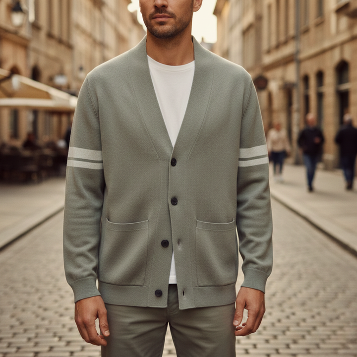 Cardigan à col châle boutonné à manches rayées pour homme