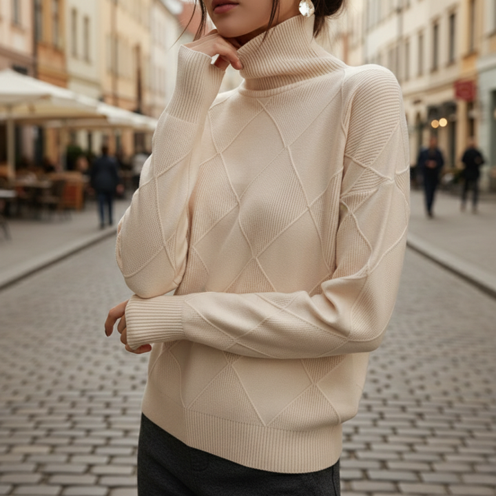 Pull à col roulé en cachemire à losanges, manches longues, tricoté pour femmes