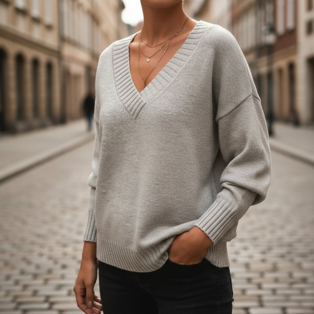 Pull à col en V en maille côtelée à manches longues pour femmes