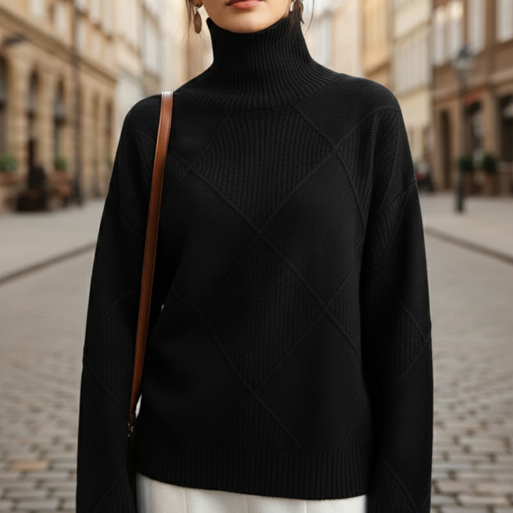 Pull à col roulé en cachemire à losanges, manches longues, tricoté pour femmes