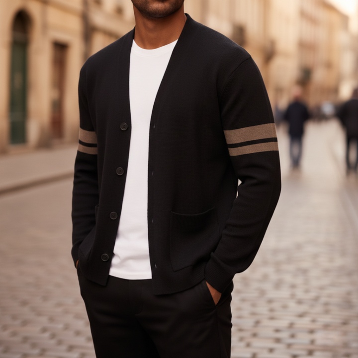 Cardigan à col châle boutonné à manches rayées pour homme