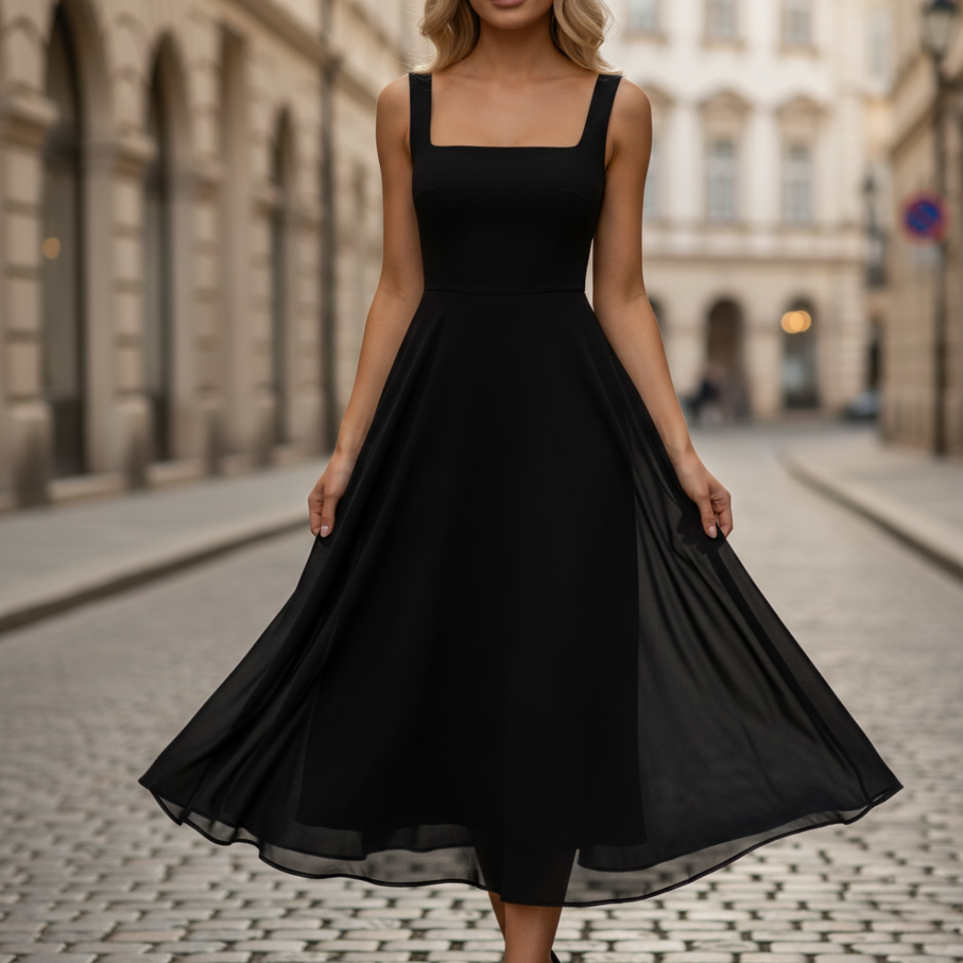 Robe midi col carré sans manches coupe évasée femme