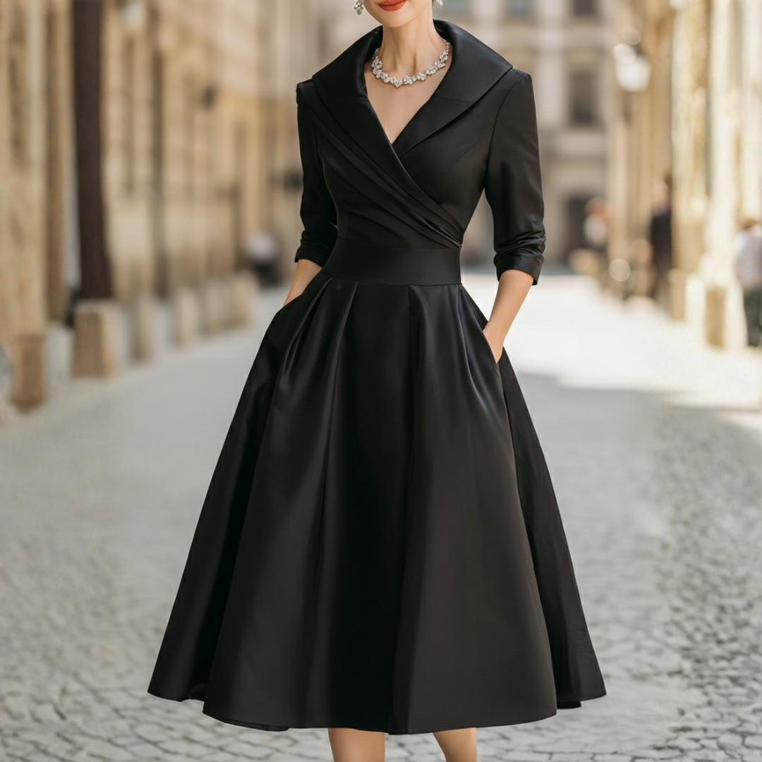 Robe mi-longue en satin, coupe trapèze, devant croisé, manches trois-quarts pour femme