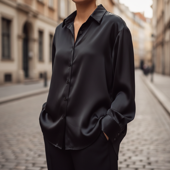 Women Satin Button Down Long Blouse