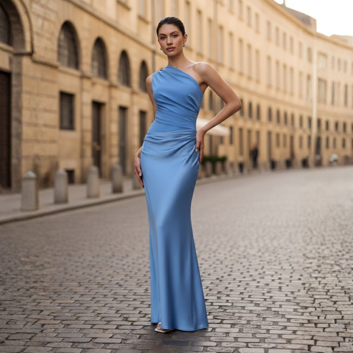 Evening Gown One Shoulder Ruched Satin Maxi Womens