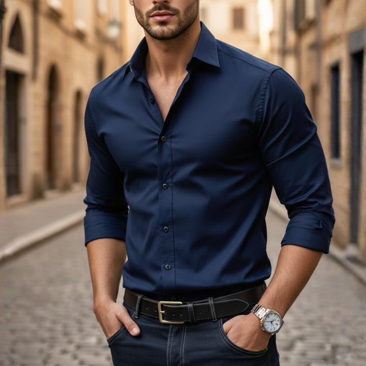 Button Down Shirt Long Sleeve Elastic Fit Mens