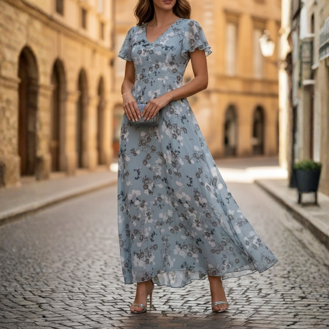 Robe longue à manches courtes fleurie pour femme