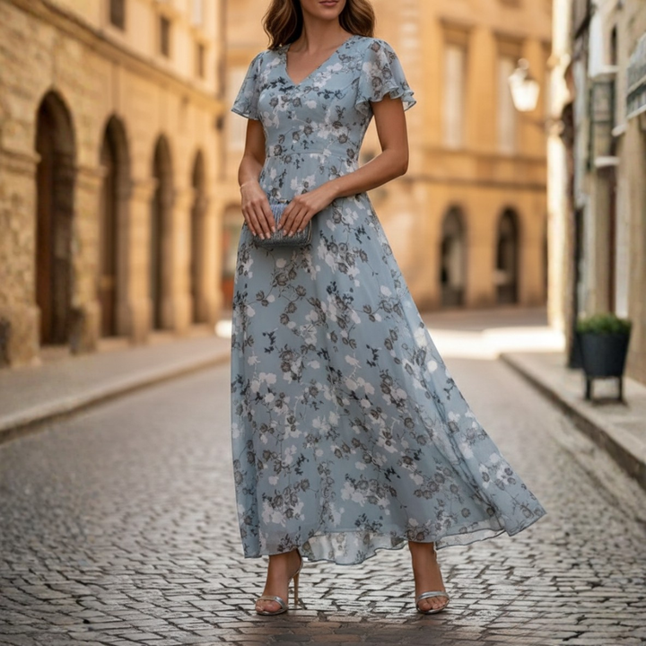 Robe longue à manches courtes fleurie pour femme