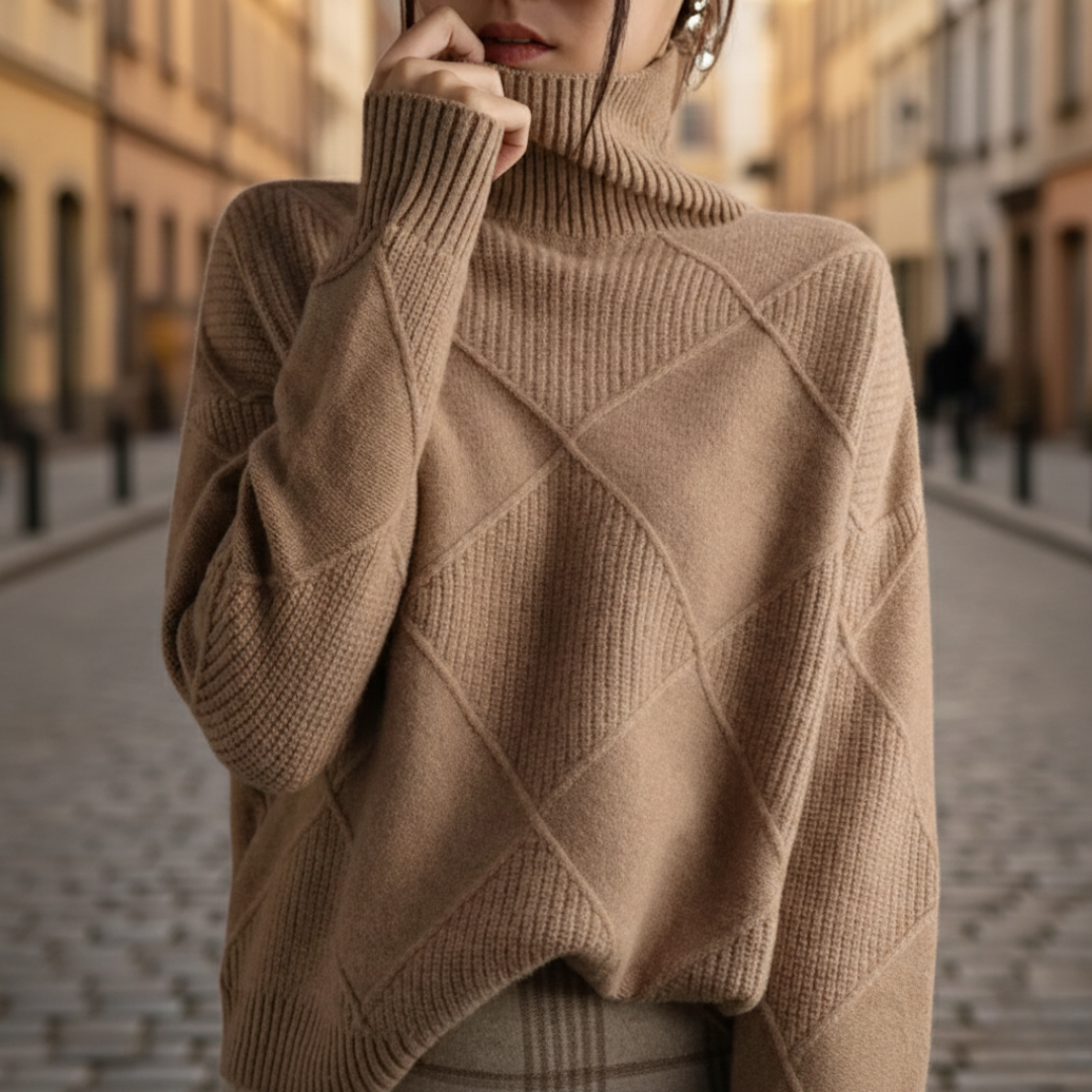 Pull à col roulé en cachemire à losanges, manches longues, tricoté pour femmes