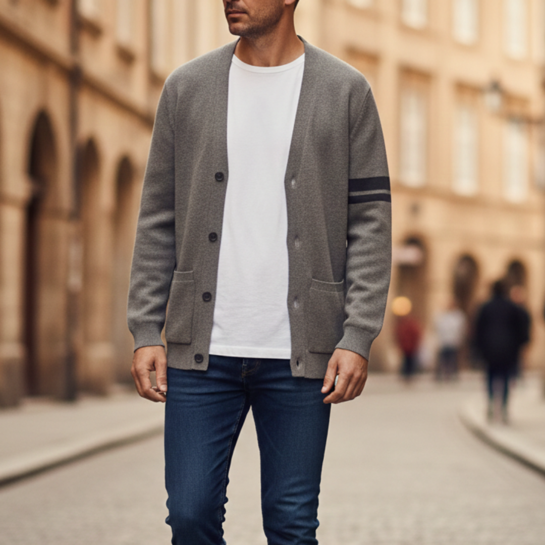 Cardigan à col châle boutonné à manches rayées pour homme