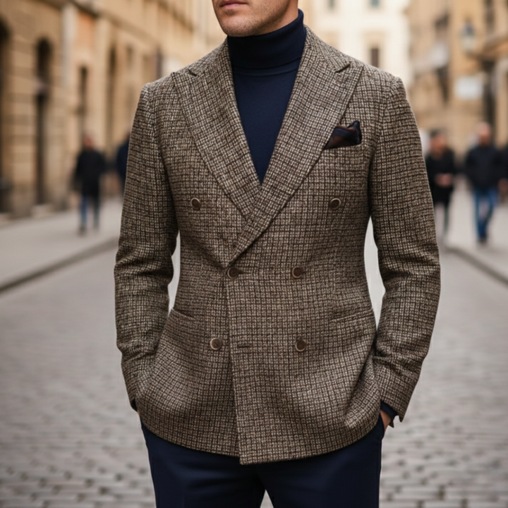 Men Double-Breasted Plaid Blazer