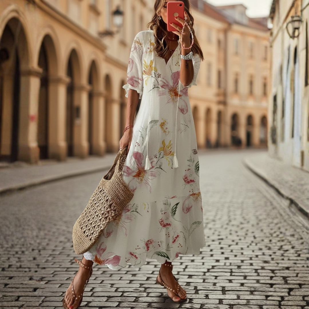 Robe longue à manches courtes bohème géométrique pour femme