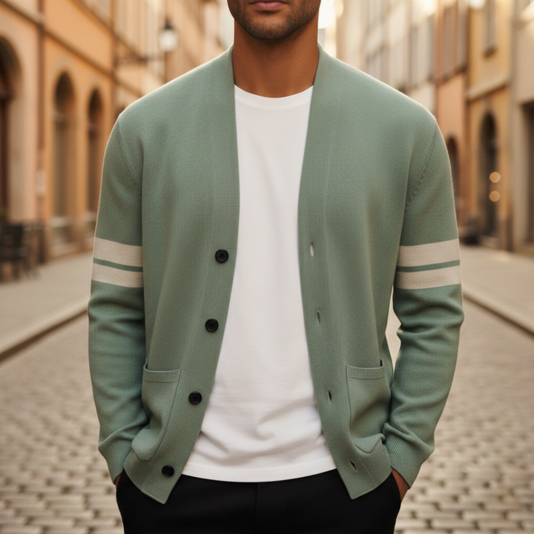 Cardigan à col châle boutonné à manches rayées pour homme