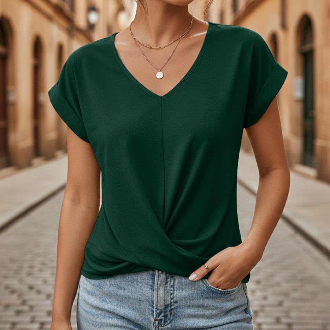 V-Neck Top Short Sleeve Tummy Tucking Womens