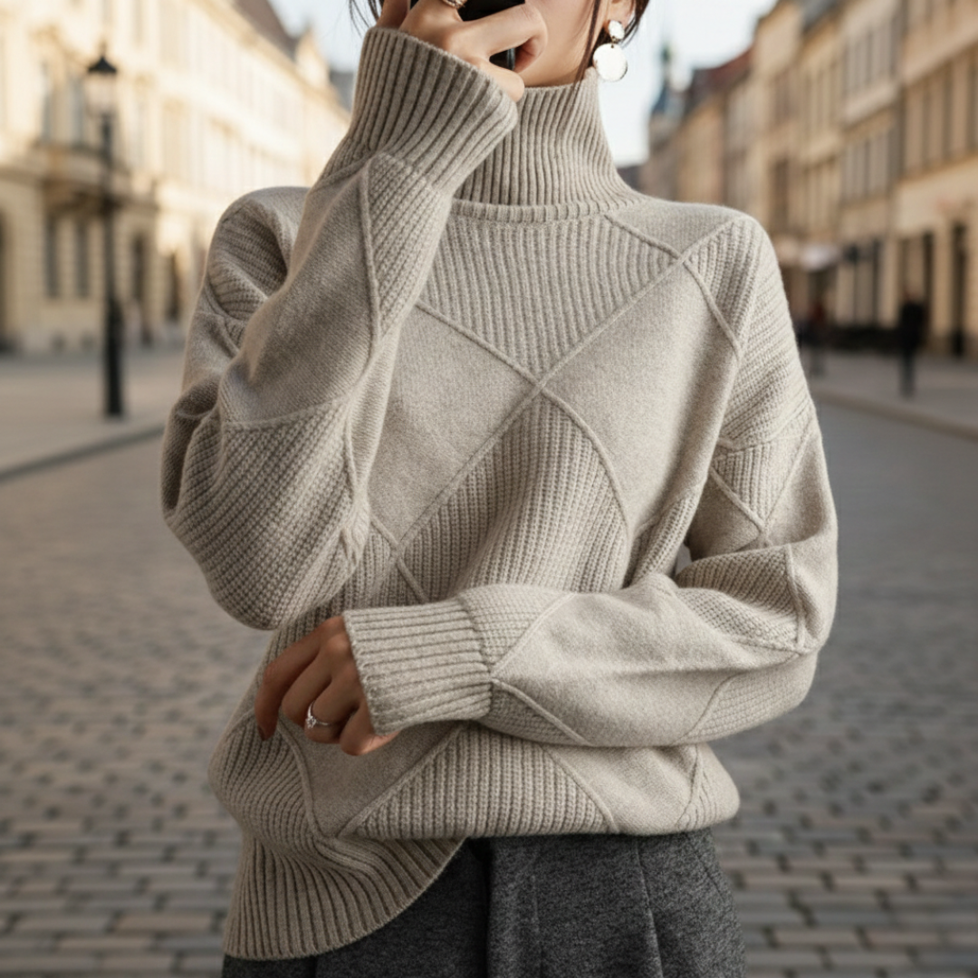 Pull à col roulé en cachemire à losanges, manches longues, tricoté pour femmes