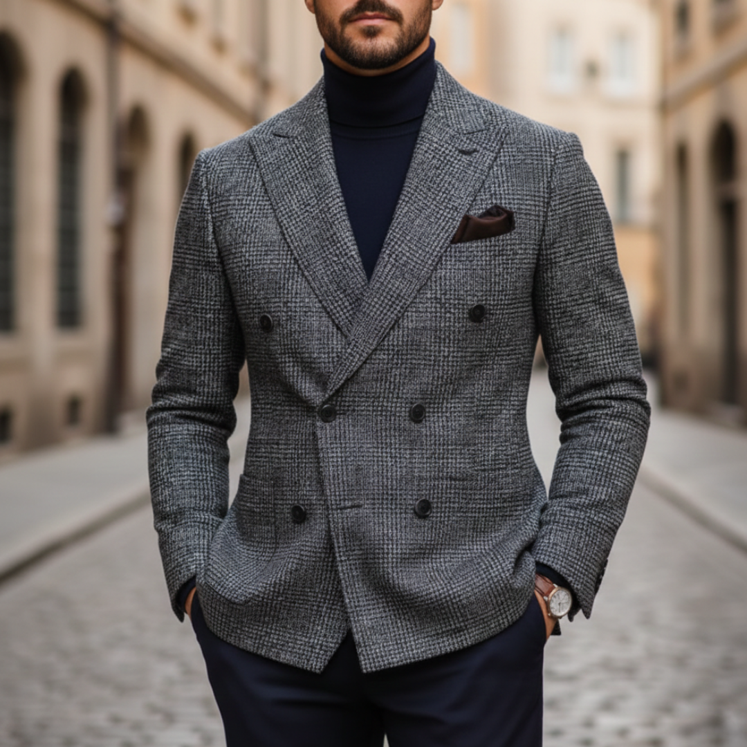 Men Double-Breasted Plaid Blazer