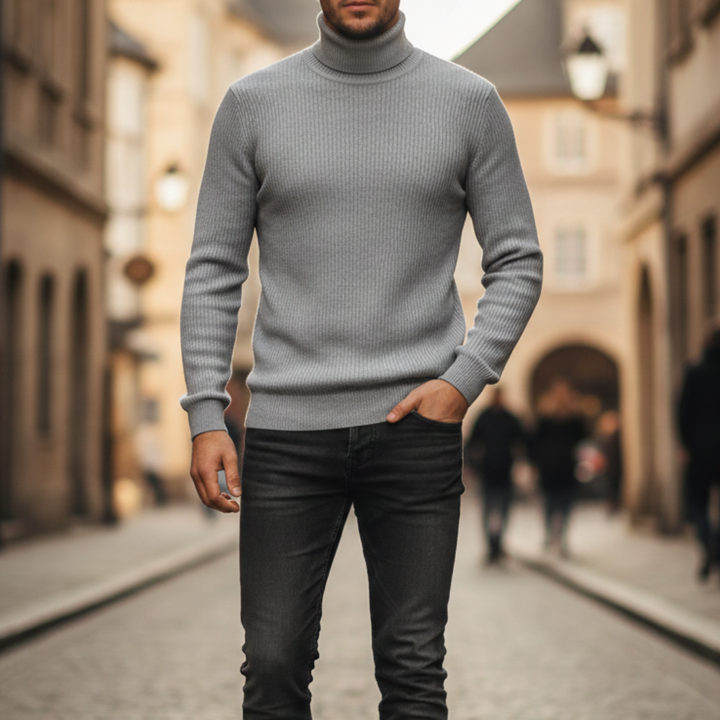 Turtleneck Sweater Ribbed Knit Pullover Mens