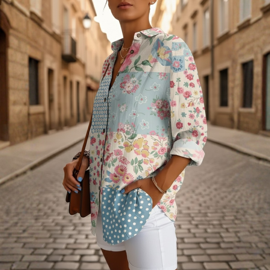 Button Up Shirt Floral Print Long Sleeve Oversized Womens