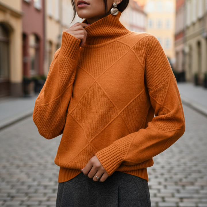 Pull à col roulé en cachemire à losanges, manches longues, tricoté pour femmes