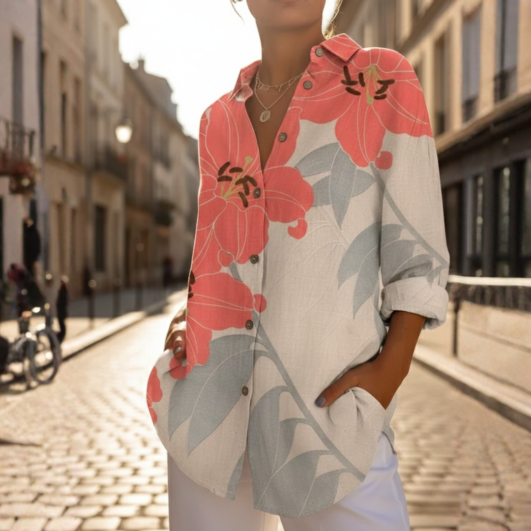 Button Up Shirt Floral Print Long Sleeve Oversized Womens