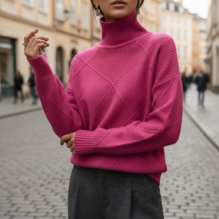 Pull à col roulé en cachemire à losanges, manches longues, tricoté pour femmes