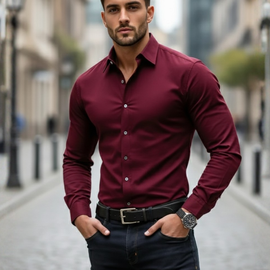 Button Down Shirt Long Sleeve Elastic Fit Mens