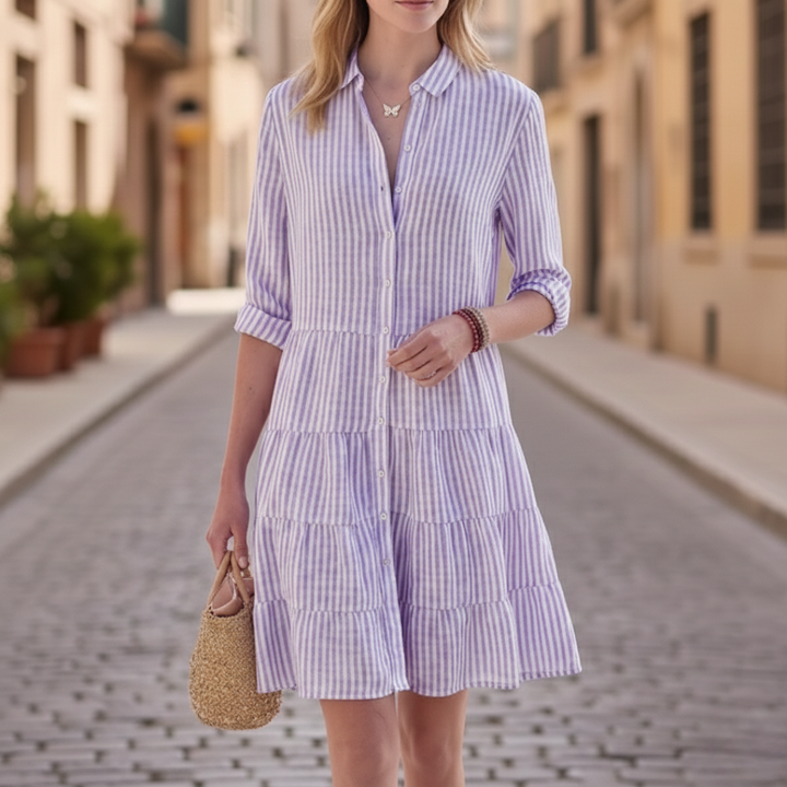 Robe-chemise à volants avec boutons sur le devant rayée pour femme