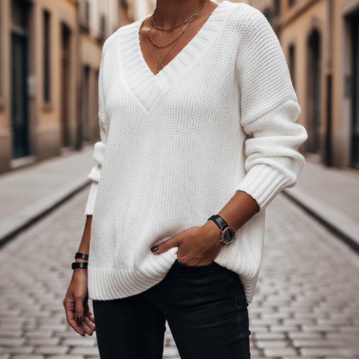Pull à col en V en maille côtelée à manches longues pour femmes
