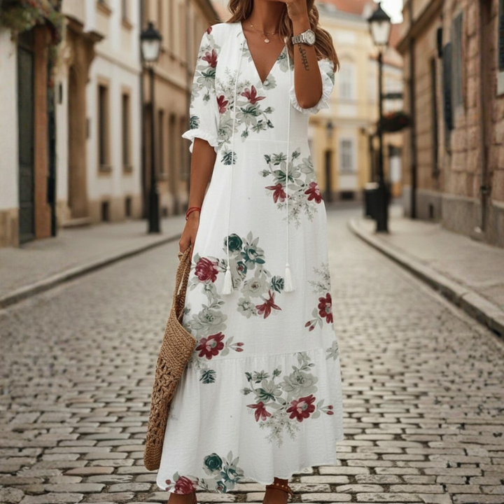 Robe longue à manches courtes bohème géométrique pour femme