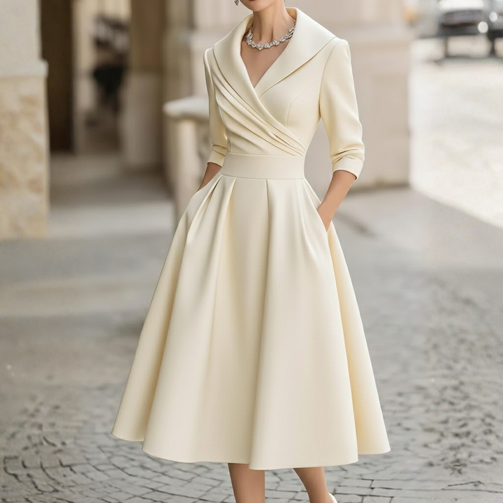 Robe mi-longue en satin, coupe trapèze, devant croisé, manches trois-quarts pour femme