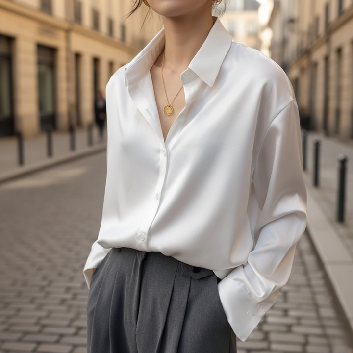 Women Satin Button Down Long Blouse