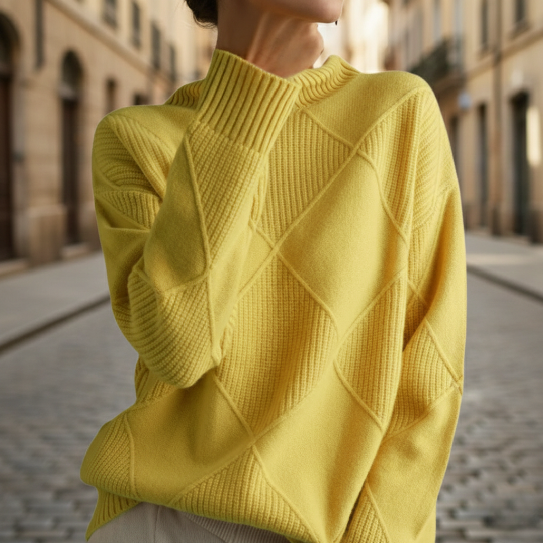 Pull à col roulé en cachemire à losanges, manches longues, tricoté pour femmes